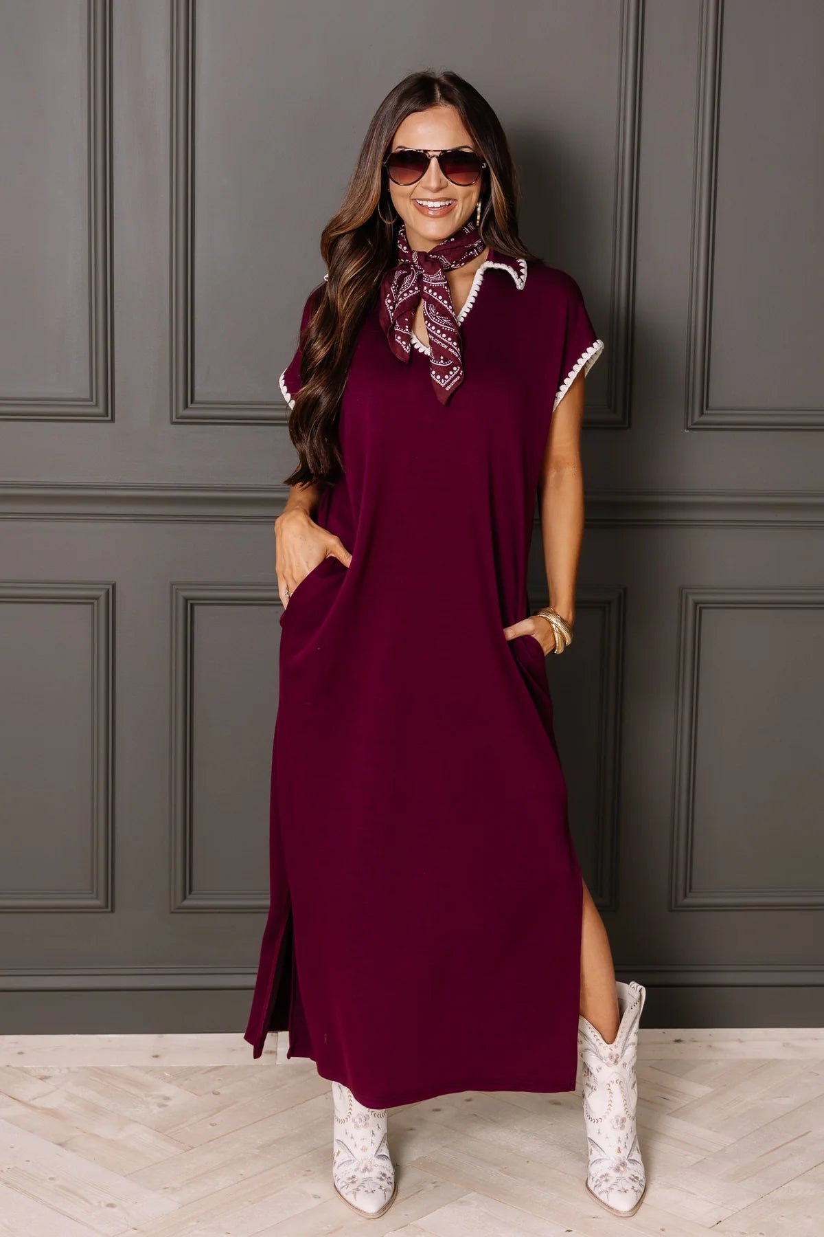 ROBERT-High Standards Short Sleeve Plum Maxi Dress