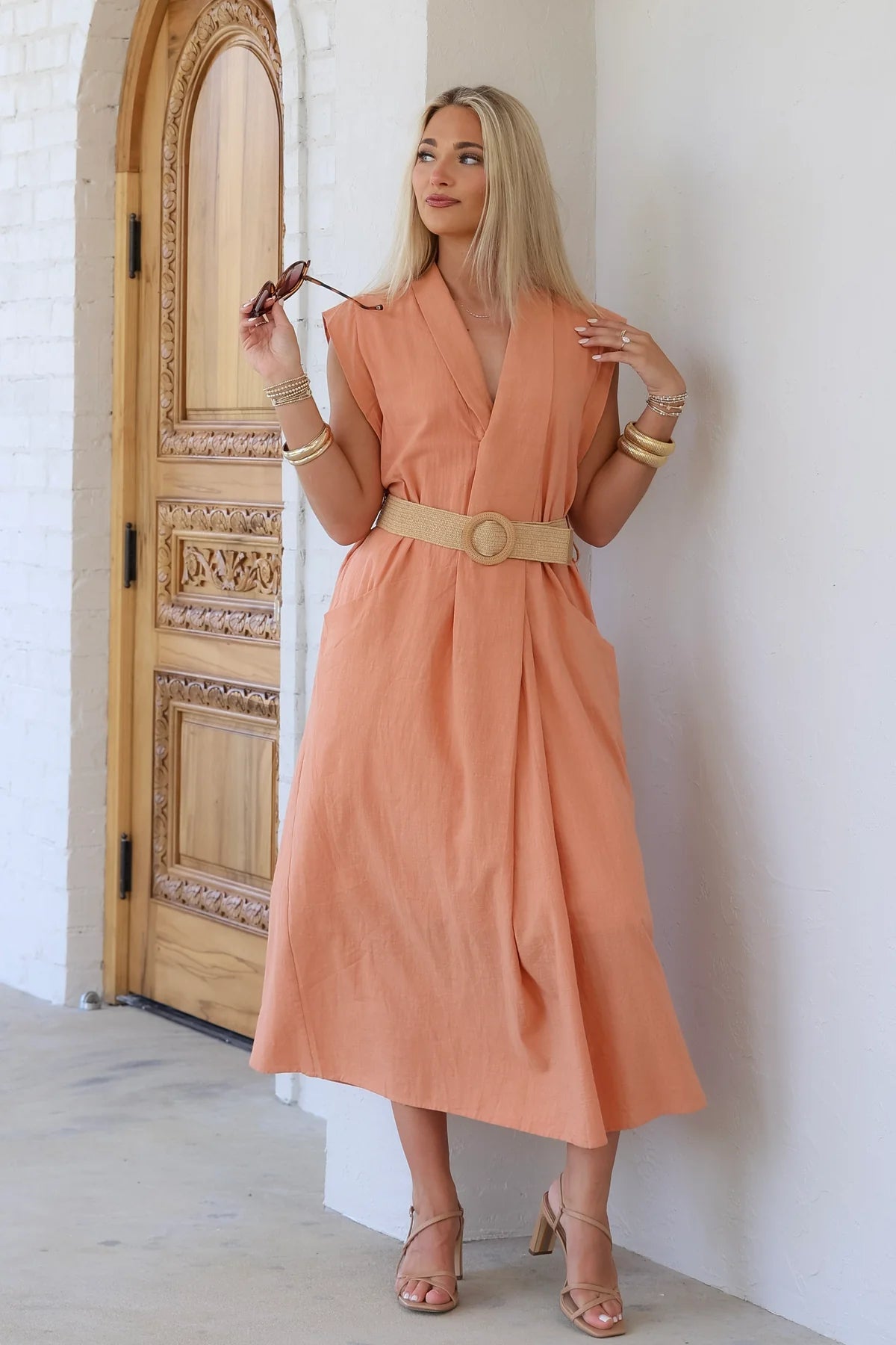 ROBERT-Belted Sleeveless Midi Dress